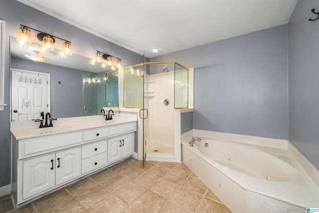 bathroom featuring plus walk in shower, double sink vanity, and tile patterned flooring