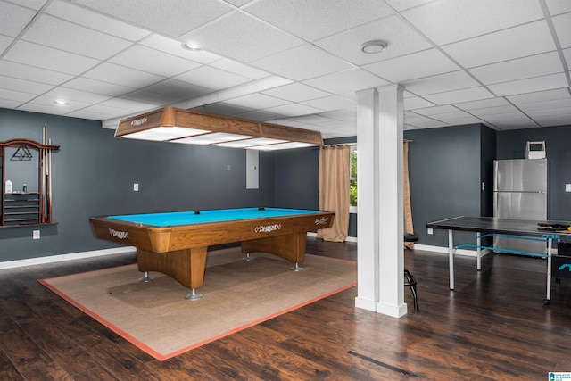 recreation room featuring pool table, hardwood / wood-style floors, and a drop ceiling