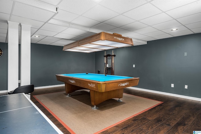 playroom featuring pool table, a paneled ceiling, and wood-type flooring