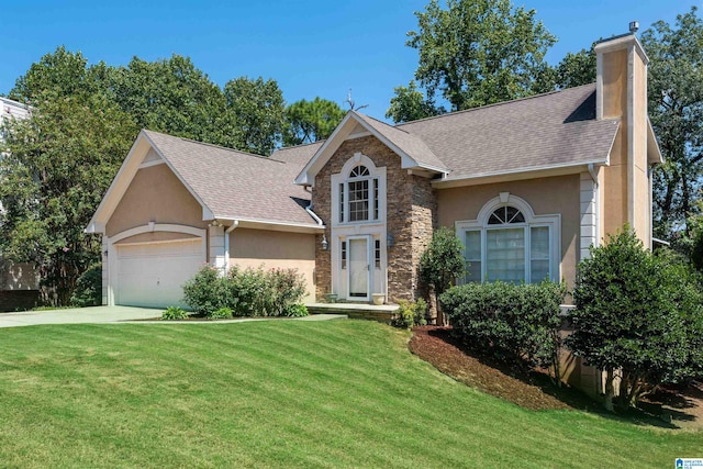 view of front of property featuring a garage and a front lawn