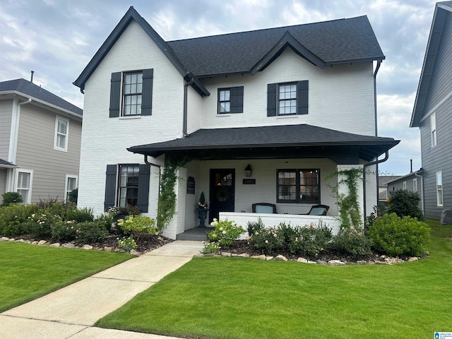 view of front of home with covered porch and a front yard