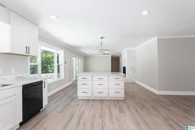 kitchen featuring light wood-type flooring, ornamental molding, white cabinetry, dishwasher, and decorative light fixtures