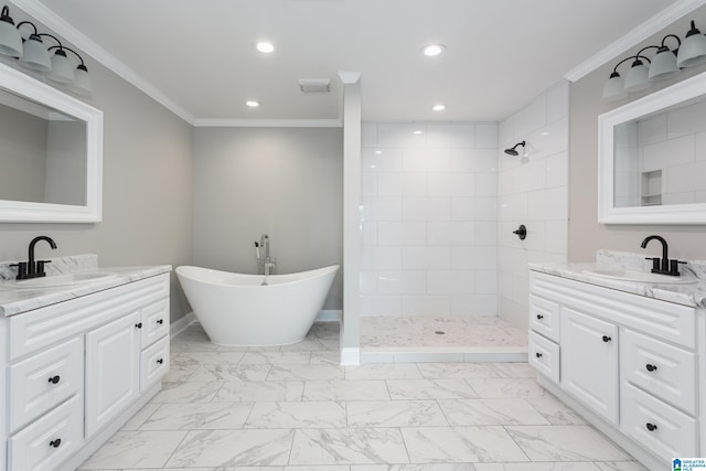 bathroom with tile patterned flooring, crown molding, plus walk in shower, and vanity