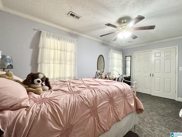 bedroom with ceiling fan, carpet, crown molding, and multiple windows