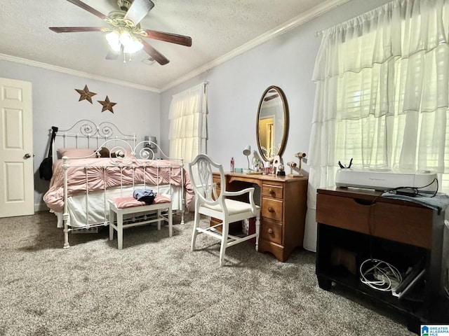 bedroom featuring a textured ceiling, ceiling fan, crown molding, and carpet