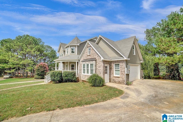 view of front of home with driveway, covered porch, a front lawn, and brick siding