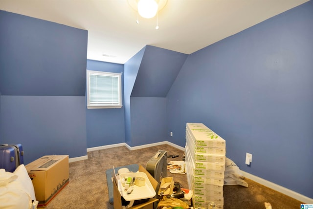 playroom with lofted ceiling, carpet flooring, and baseboards