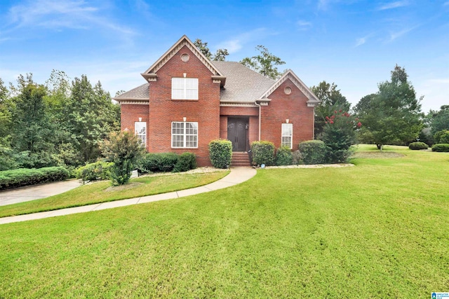 traditional home featuring brick siding, roof with shingles, and a front yard