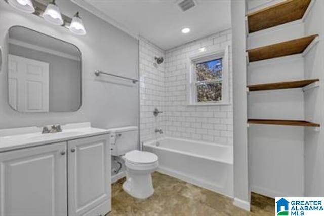 full bathroom with toilet, shower / bathing tub combination, visible vents, and vanity