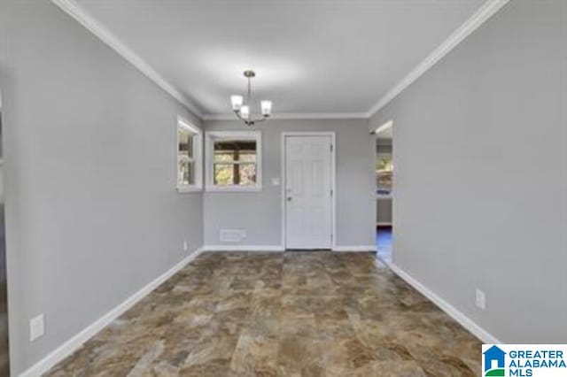 unfurnished dining area with baseboards, a chandelier, and crown molding