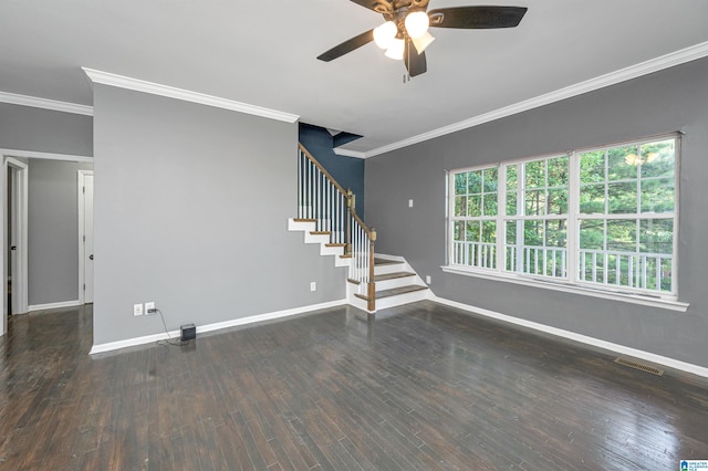 unfurnished living room with visible vents, stairway, ornamental molding, wood finished floors, and baseboards