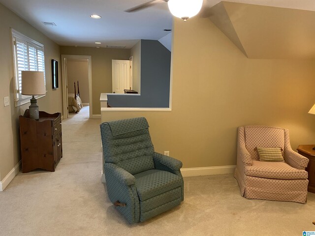 living area with baseboards, ceiling fan, vaulted ceiling, carpet flooring, and recessed lighting