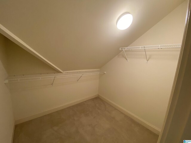 spacious closet featuring lofted ceiling and light colored carpet