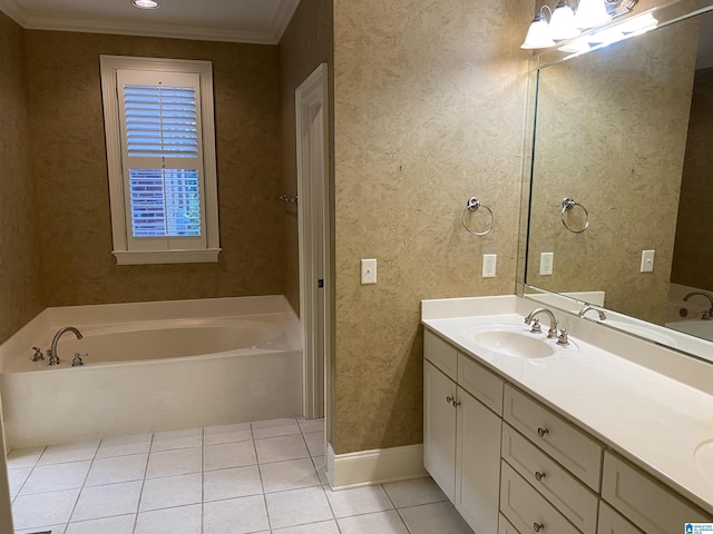 bathroom with double vanity, tile patterned floors, ornamental molding, a sink, and a bath