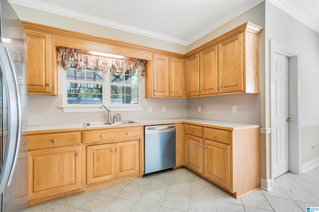 kitchen with crown molding, sink, light tile patterned floors, and appliances with stainless steel finishes