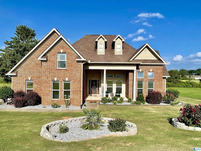 view of front facade featuring a front lawn, a shingled roof, and brick siding