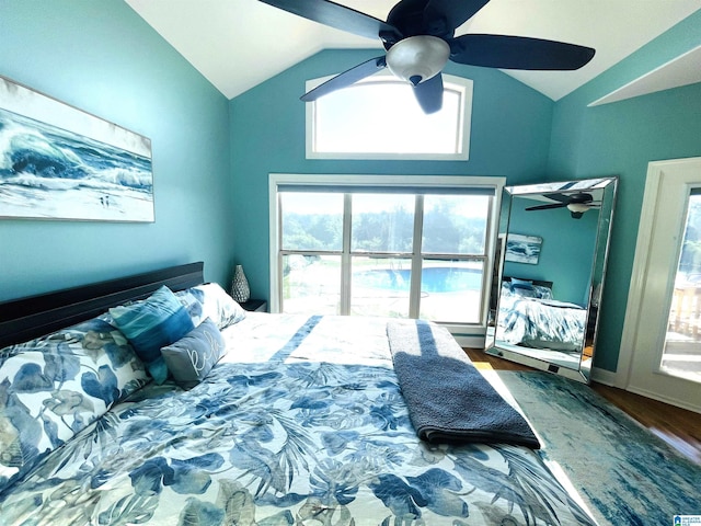 bedroom featuring vaulted ceiling, ceiling fan, and wood finished floors