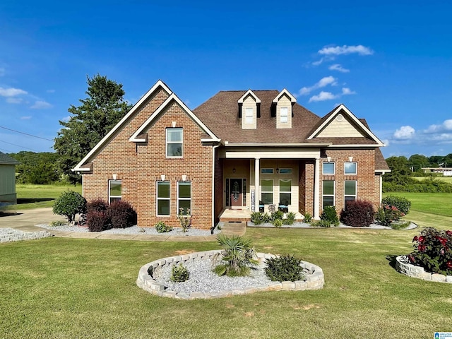 view of front of home featuring covered porch, a front lawn, and brick siding