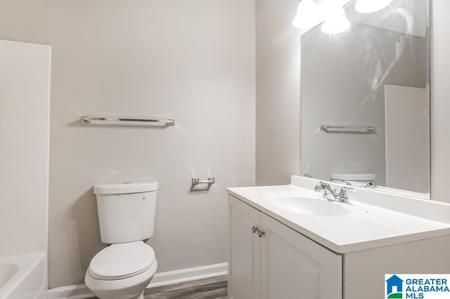 bathroom featuring toilet, vanity, and wood-type flooring