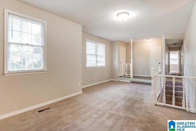 carpeted spare room with a textured ceiling and a healthy amount of sunlight