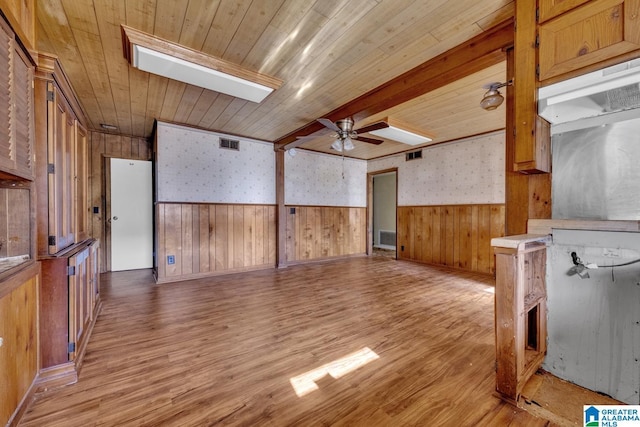 empty room featuring light wood-style flooring, wooden ceiling, a wainscoted wall, and visible vents