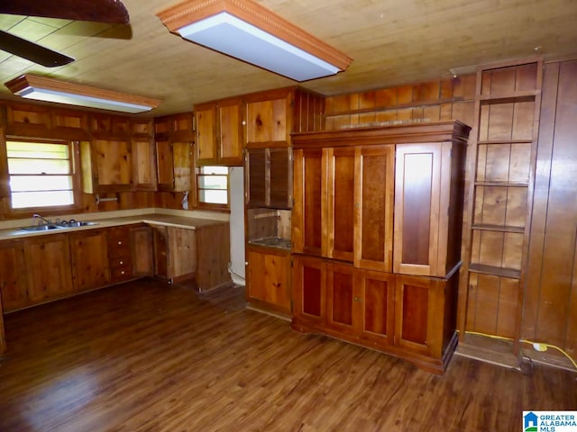 kitchen featuring wood ceiling, dark hardwood / wood-style flooring, sink, and wooden walls