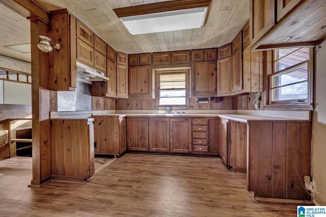 kitchen with sink, wooden walls, wood ceiling, and light wood-type flooring