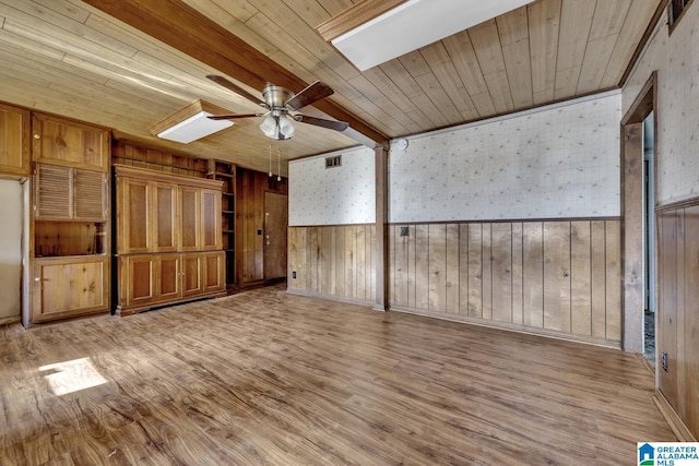 empty room featuring ceiling fan, wooden walls, light wood-type flooring, wood ceiling, and ornamental molding