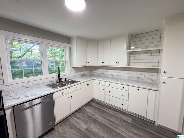 kitchen featuring tasteful backsplash, dark wood-type flooring, a sink, open shelves, and stainless steel dishwasher