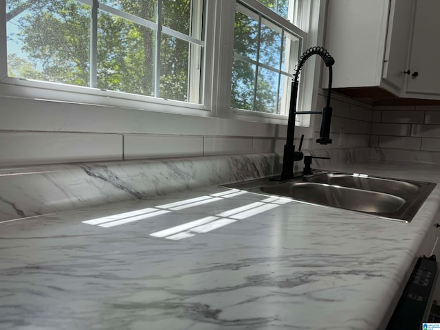 interior details featuring white cabinetry, decorative backsplash, and a sink