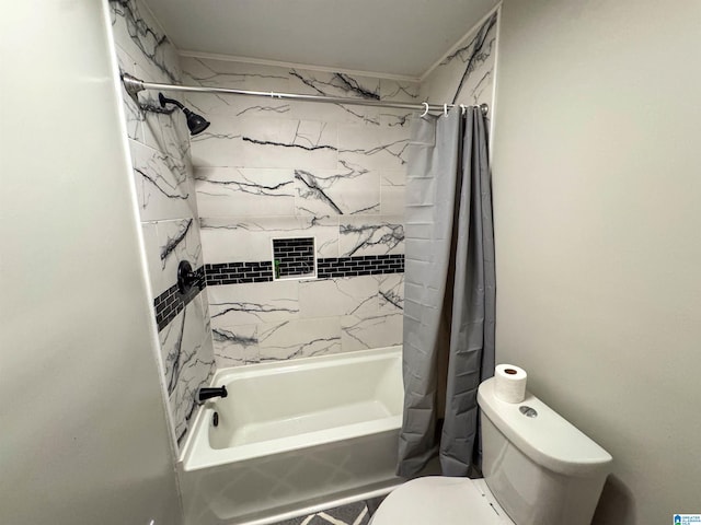 bathroom with toilet and shower / bath combination with curtain