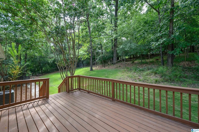 wooden deck with a lawn and central air condition unit