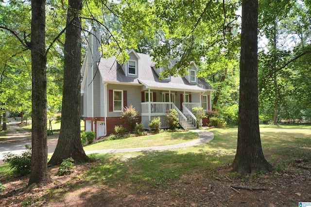 cape cod-style house with a porch and a front lawn