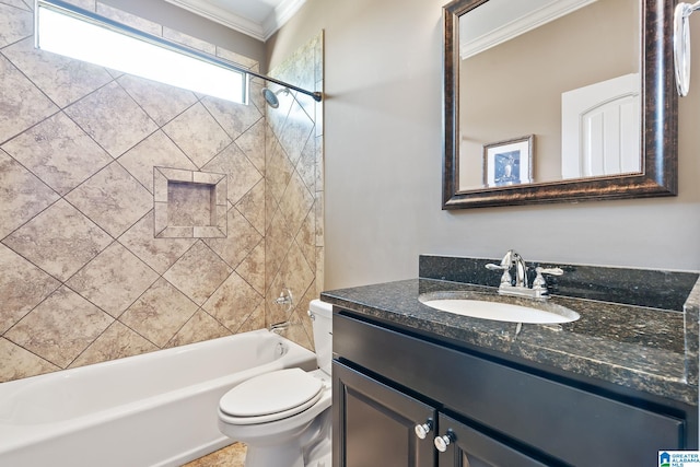 full bathroom featuring toilet, bathtub / shower combination, ornamental molding, and vanity