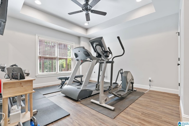 workout area with a ceiling fan, a tray ceiling, baseboards, and light wood finished floors