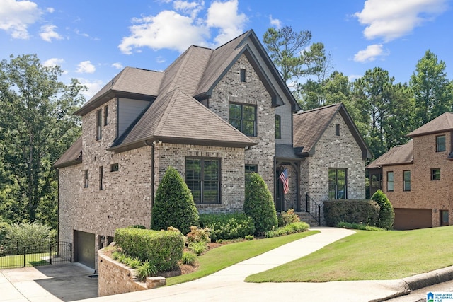 french country inspired facade with brick siding, a shingled roof, concrete driveway, an attached garage, and a front yard