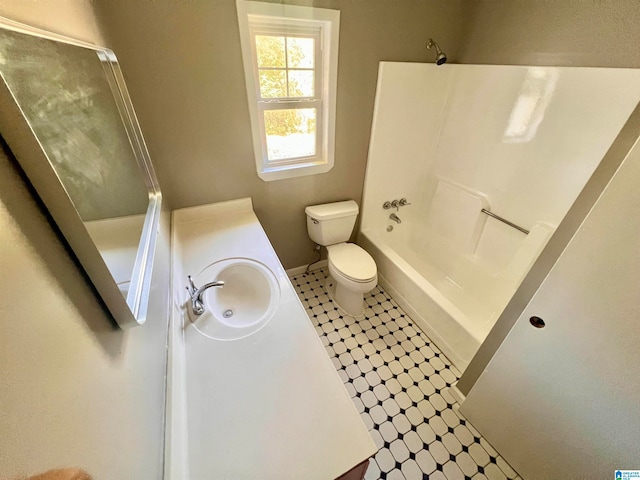 full bathroom featuring bathtub / shower combination, toilet, tile patterned floors, and vanity