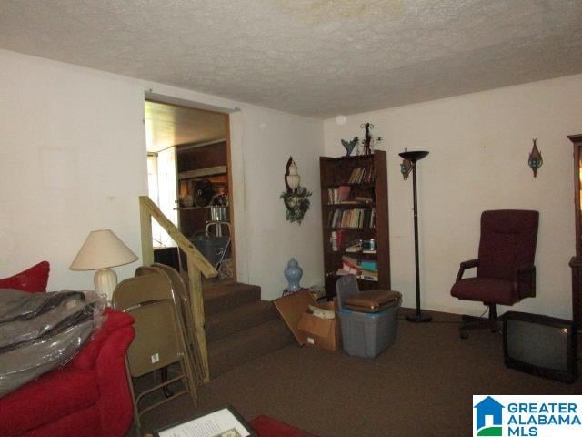 living room featuring a textured ceiling and carpet floors