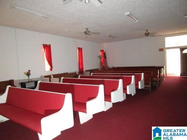 miscellaneous room with ceiling fan, a textured ceiling, and carpet flooring