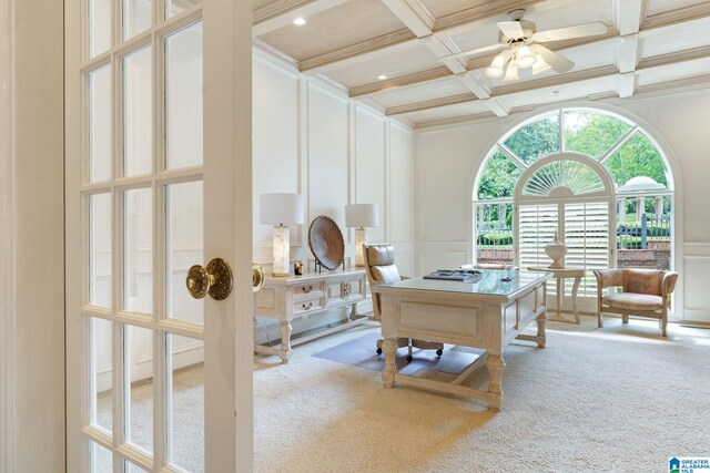 office featuring beam ceiling, carpet floors, a towering ceiling, coffered ceiling, and ceiling fan