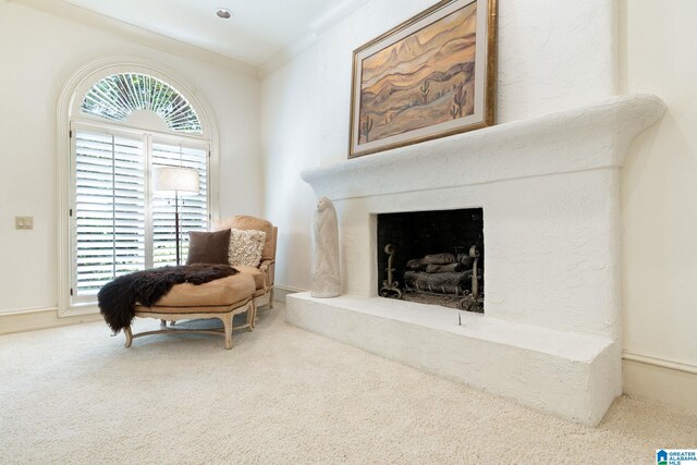 living area featuring carpet floors and a high end fireplace