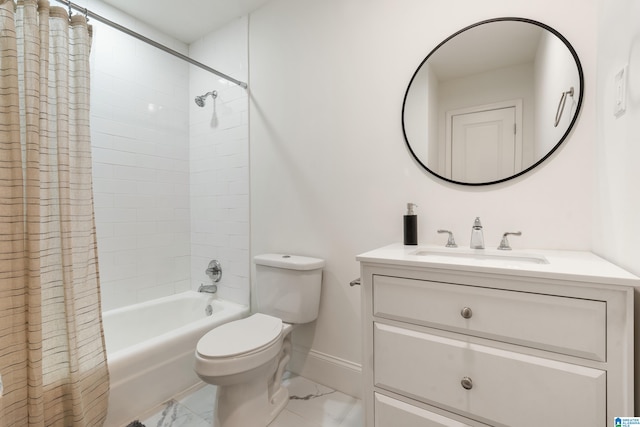 full bathroom with shower / bath combination with curtain, vanity, toilet, and tile patterned floors