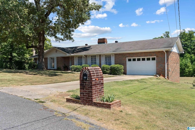 ranch-style house featuring brick siding, driveway, and a front lawn