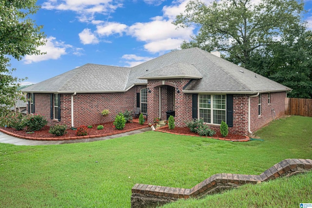 single story home featuring brick siding, roof with shingles, a front lawn, and fence