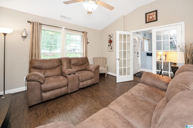 living room with french doors, lofted ceiling, ceiling fan, and dark hardwood / wood-style floors