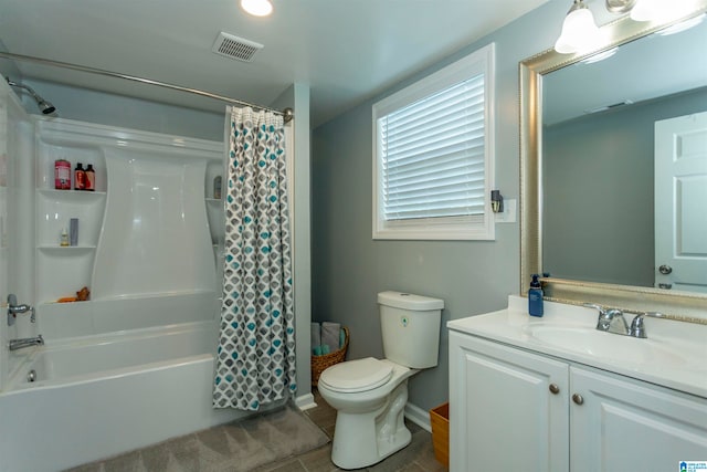 full bathroom with tile patterned flooring, toilet, vanity, and shower / bathtub combination with curtain