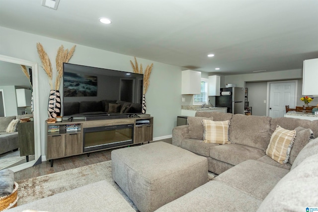 living room with sink and hardwood / wood-style flooring