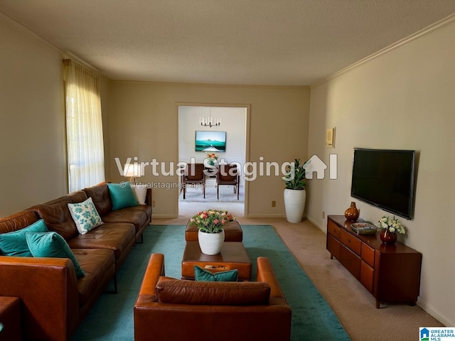 carpeted living room featuring ornamental molding, a textured ceiling, and baseboards