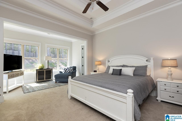 carpeted bedroom with crown molding, ceiling fan, and a raised ceiling