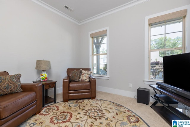 living area with carpet floors, plenty of natural light, and crown molding